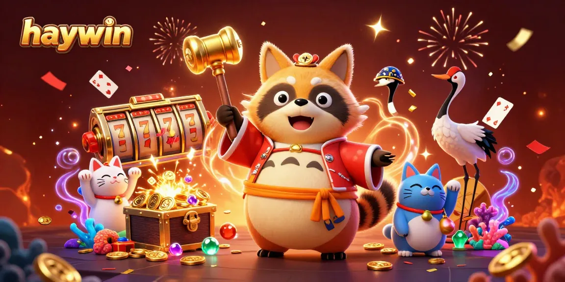 Experience the thrill of haywin with vibrant 3D tanuki and colorful casino elements.