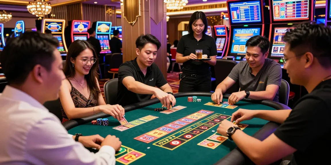 Friends enjoying a game of toto togel in an exciting casino atmosphere with colorful tickets and vibrant decor.