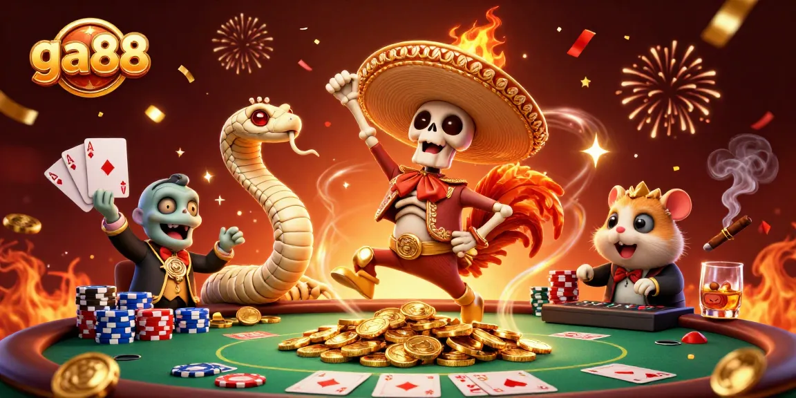 Join the celebration at ga88 with a vibrant casino scene featuring characters dancing on golden coins.