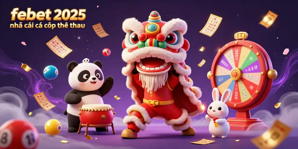 Engage with febet 2025 nhà cái cá cược thể thao in this dynamic 3D illustration showcasing a colorful lion dance, lottery elements, and vibrant decorations.