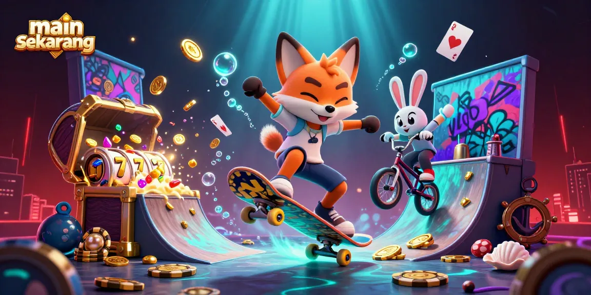 Main sekarang and play now with vibrant 3D casino-themed cartoon fox and rabbit characters amid casino icons.