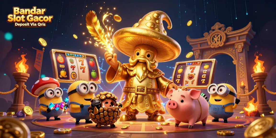 Experience thrilling gaming with Bandar Slot Gacor Deposit Via Qris, featuring golden wizard, treasure pig, and slot elements.
