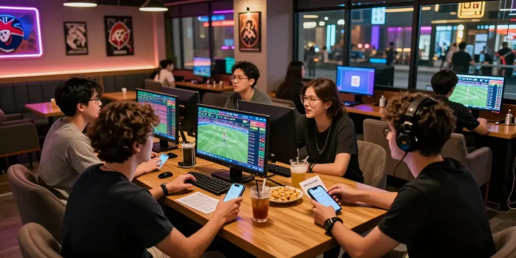 Suasana taruhan olahraga di lounge modern dengan teman-teman menyaksikan natunatoto secara langsung.