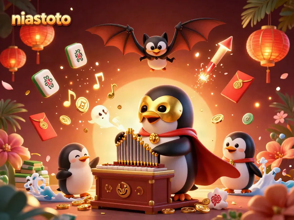 Gambarlah niastoto dalam aksi seru dengan koin emas terbang di sekitar penguin opera dan akrobat kelelawar.