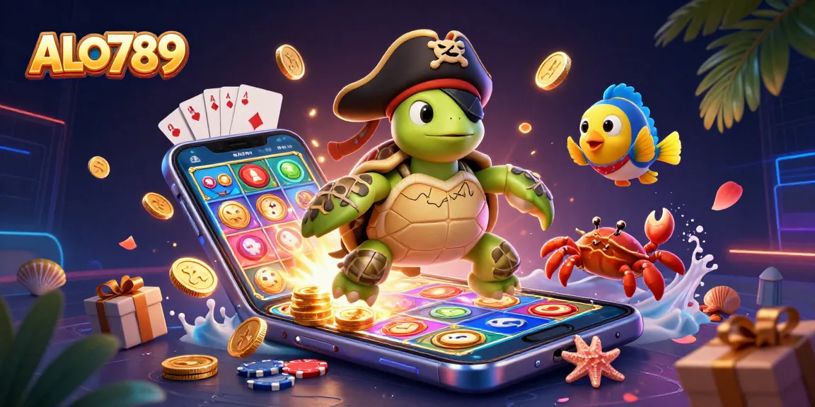 Bet on ALO789 with an exciting scene of a pirate turtle and friends amidst casino elements.