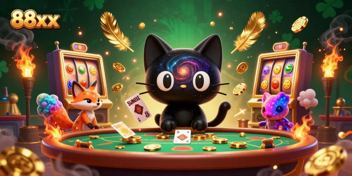Engage in thrilling gameplay with 88xx at a cosmic casino featuring a black hole cat and nebula fox.