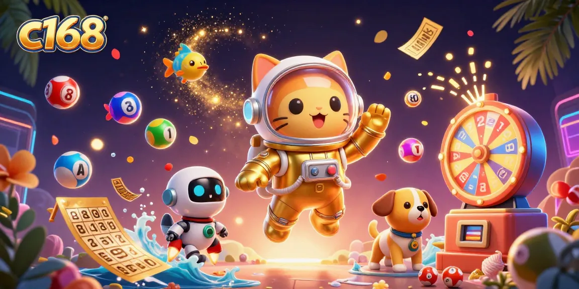 C168 offers exhilarating gaming action with an astronaut cat, robot dog, and vibrant lottery elements, creating a thrilling atmosphere.