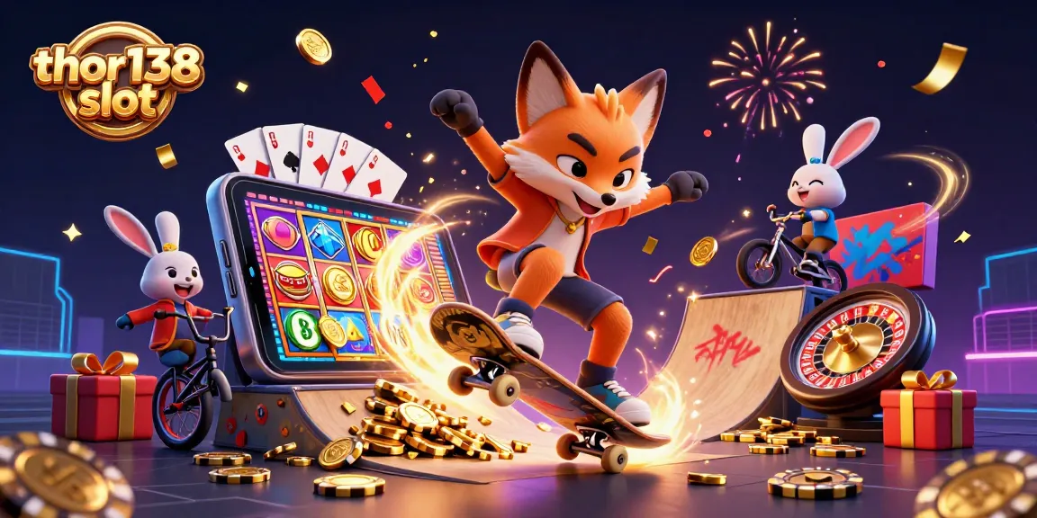 Permainan thor138 slot dengan karakter kartun melompat dan simbol kasino berwarna-warni di sekitarnya.