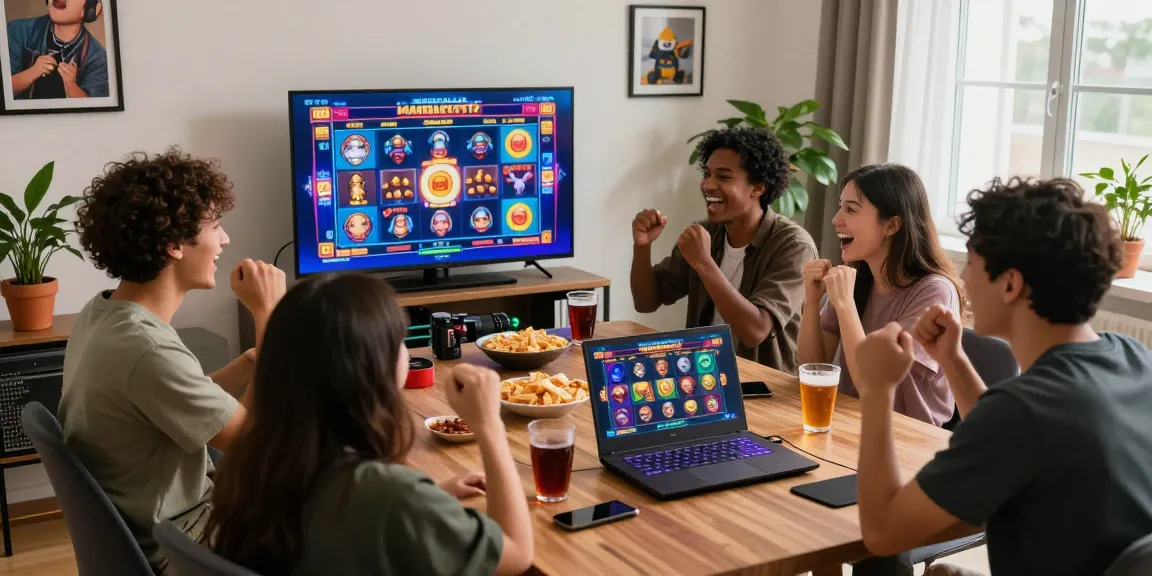 Friends enjoying a thrilling moment at slot depo 5k gaming session with snacks and drinks.
