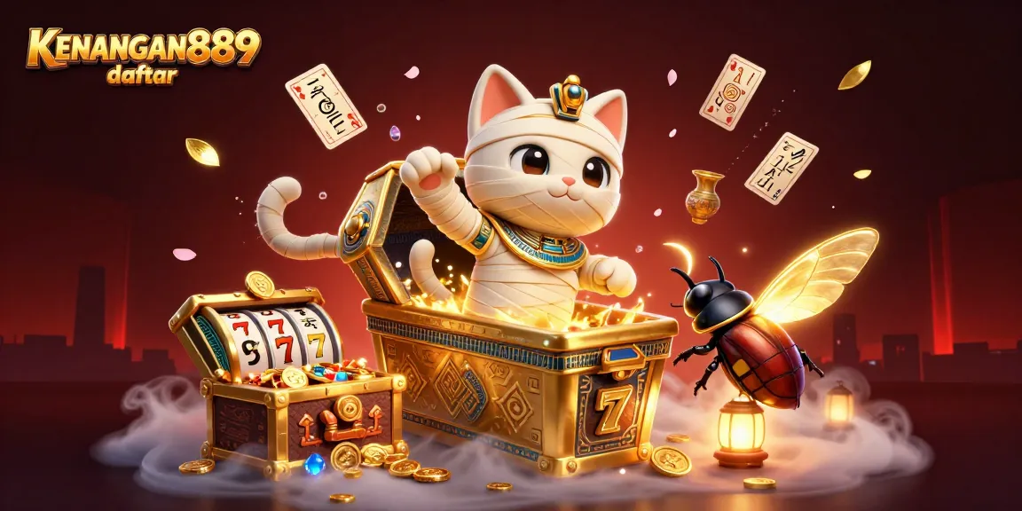 Play slots at KENANGAN889 daftar with exciting visuals of a mummy cat and golden treasures.
