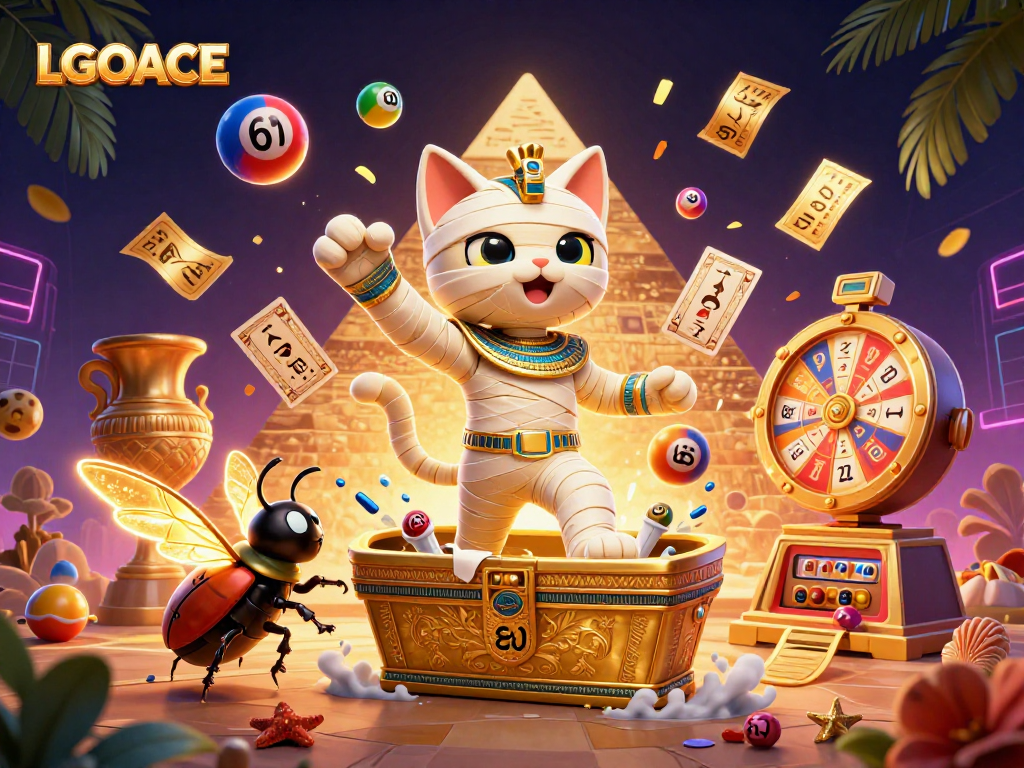 Join the excitement at LGOACE with a vibrant casino scene featuring an Egyptian mummy cat, a scarab beetle, and lottery elements.