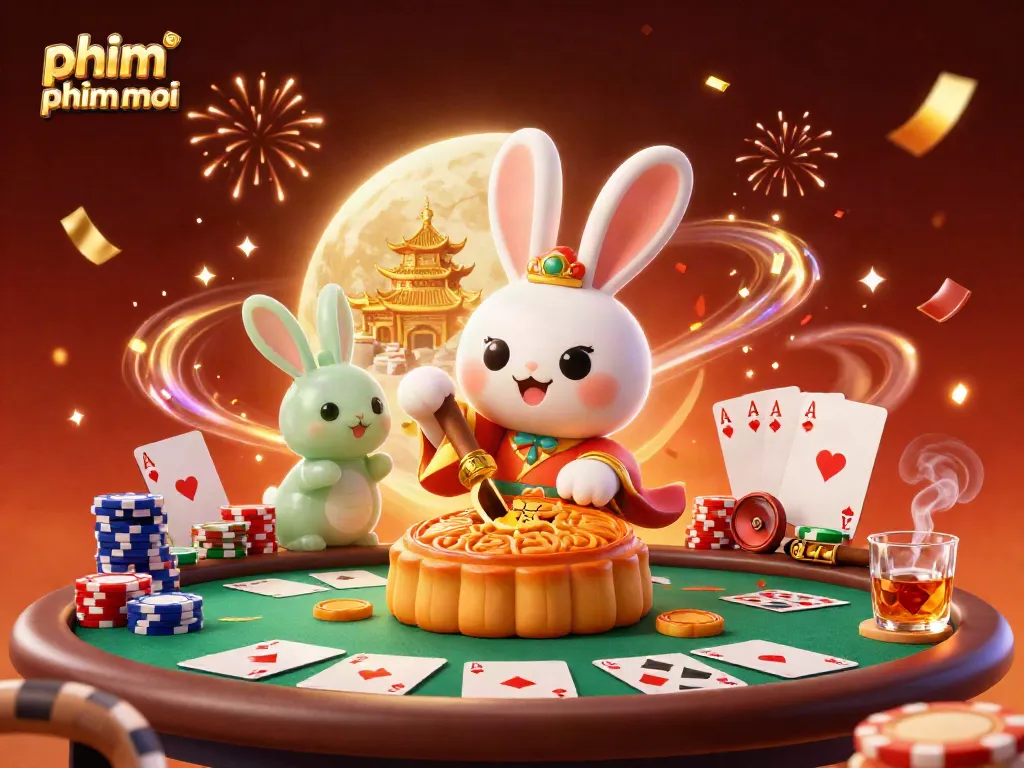 Visualize exciting gambling moments with phim online phimmoi featuring a 3D moon rabbit amid poker elements.