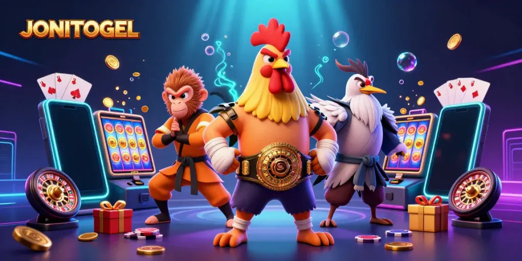 Engage with JONITOGEL's vibrant gaming scene featuring a majestic rooster and dynamic characters.