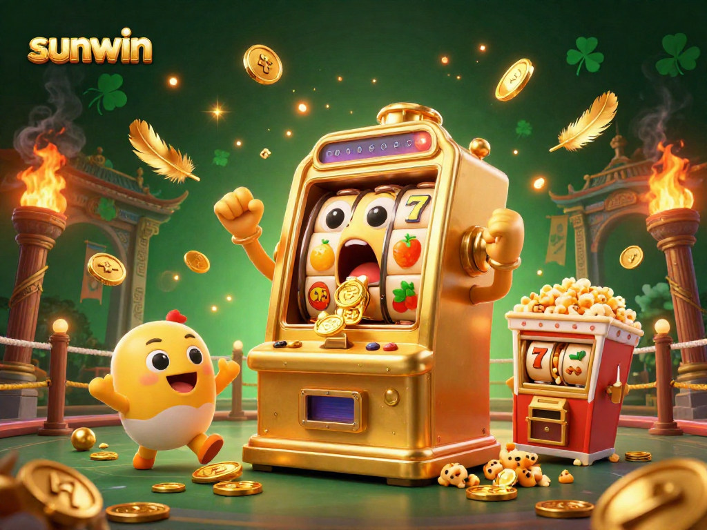 Sunwin jackpot celebration with a cartoon slot machine and cheering baby slots.