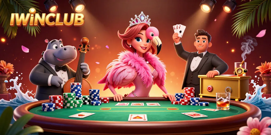 IWINCLUB showcases vibrant casino scene with entertaining characters at a poker table