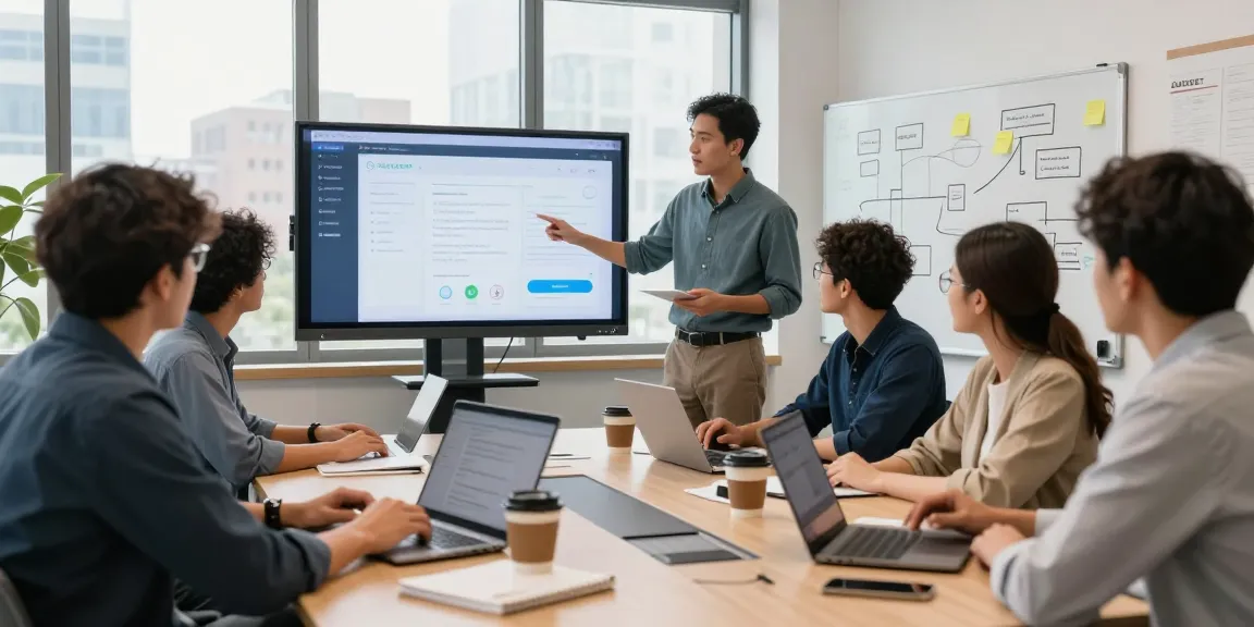 Tim kreatif sedang berdiskusi tentang aplikasi GEGESLOT di ruang kantor yang modern.