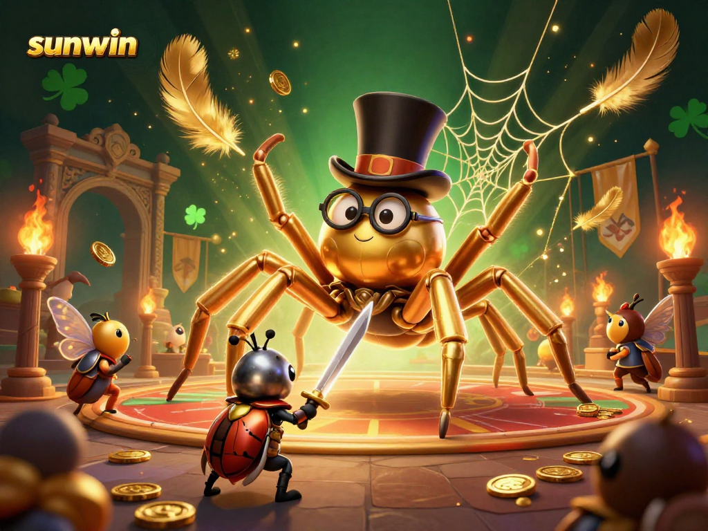 Experience the excitement of sunwin with a thrilling casino battle featuring a giant golden tarantula and a beetle knight.