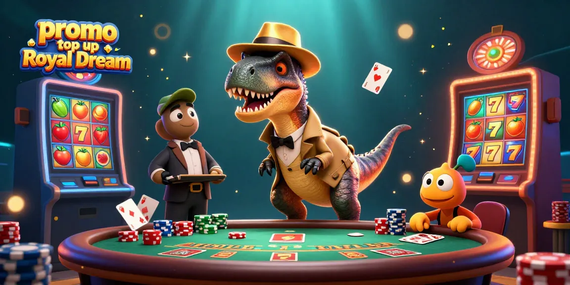 Experience the action with promo top up Royal Dream featuring a velociraptor card counter at a blackjack table.