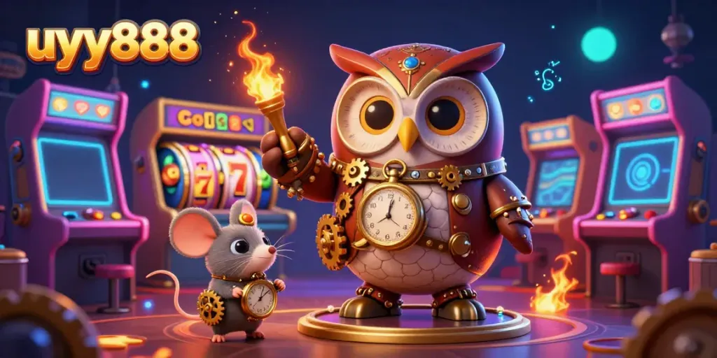 Engage with uyy888's thrilling casino adventure featuring a steampunk owl, vibrant slot games, and dazzling visuals.