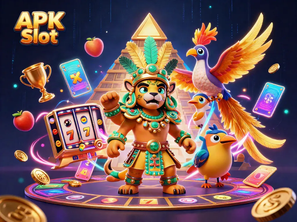 Launching into action with APK Slot, vibrant Mayan characters and exciting game elements abound in this energetic illustration.