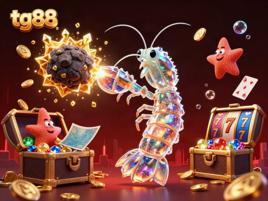 tg88 showcases a dynamic scene of a galactic samurai mantis shrimp engaging in a casino adventure with vibrant slot reels and coins.
