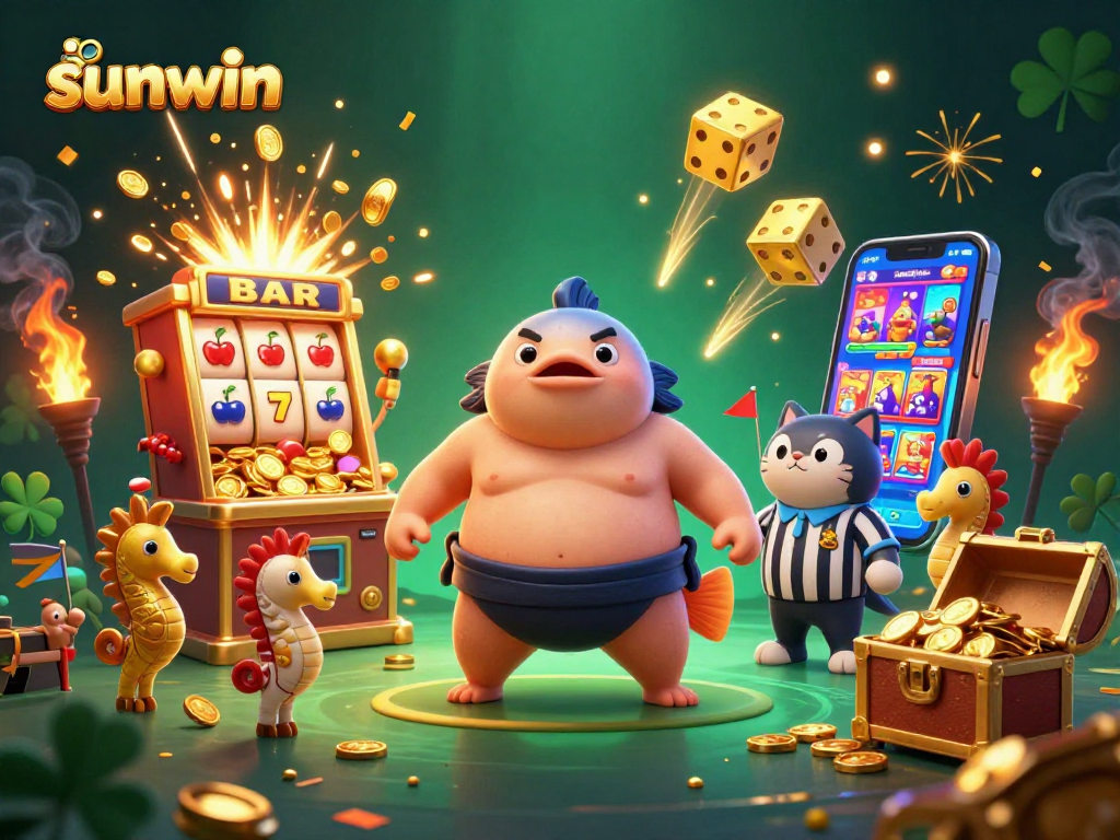 Experience the excitement of sunwin's casino with a vibrant underwater scene featuring a fugu sumo wrestler and thrilling game elements.