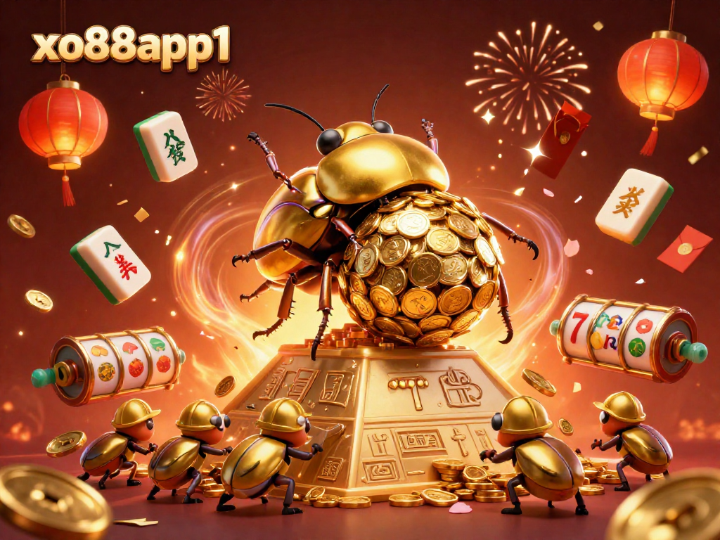 Experience exciting gameplay with xo88app1 featuring a golden dung beetle scene rich in casino symbolism.