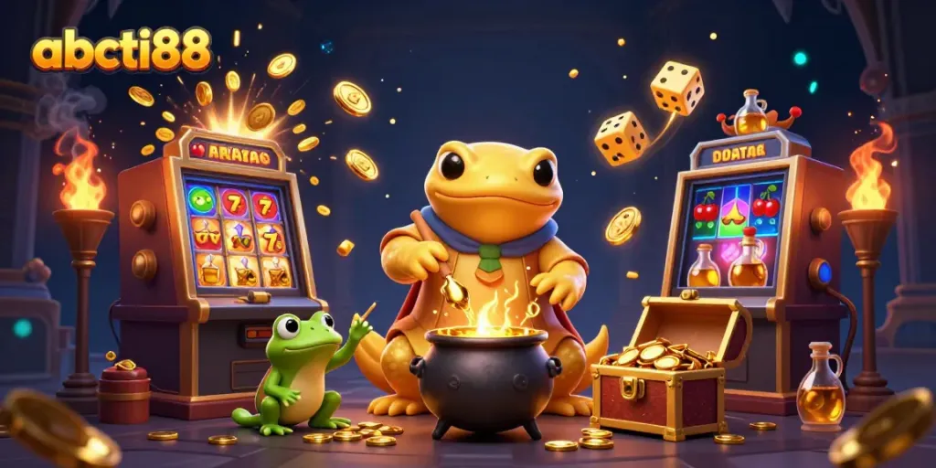 Experience magical wins with abcti88 in a vibrant 3D casino scene bursting with treasures.
