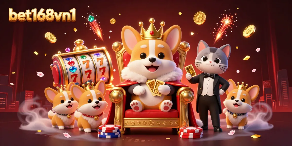 Crown-clad corgi commanding a slot machine kingdom at bet168vn1, surrounded by festive casino elements.
