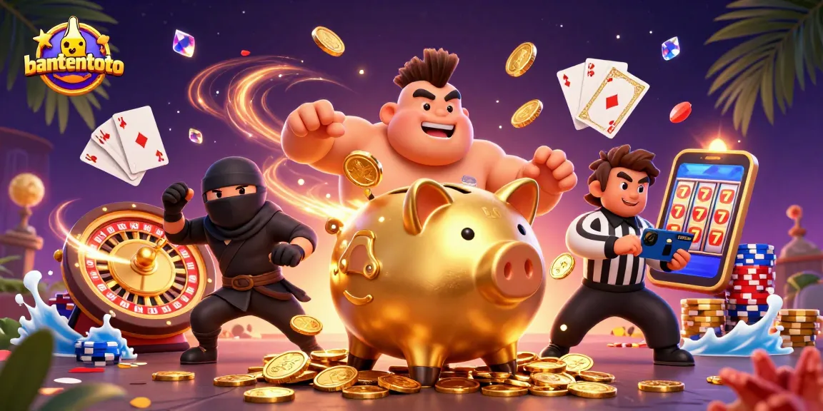 Gambarkan bantentoto dengan sumo emas, ninja dompet, dan wasit kartu dalam aksi di kasino.