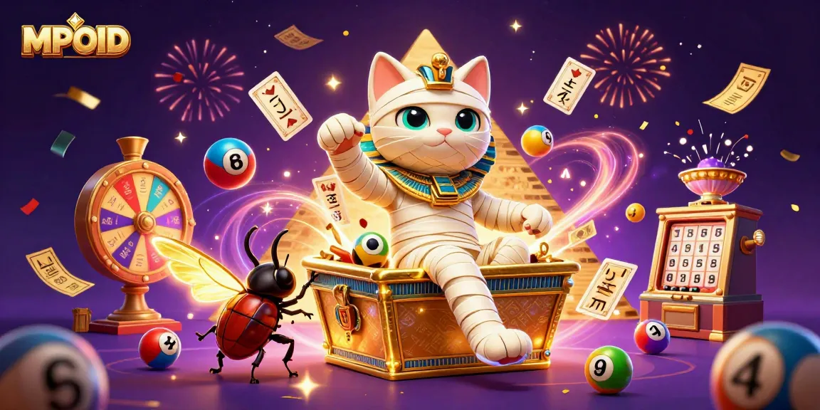 Experience the thrill of MPOID as an Egyptian mummy cat unveils casino treasures with vibrant lottery elements.