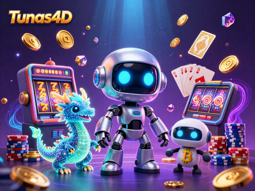 Tunas4D showcases a vibrant 3D casino scene with animated characters engaging in thrilling slot gaming adventures.