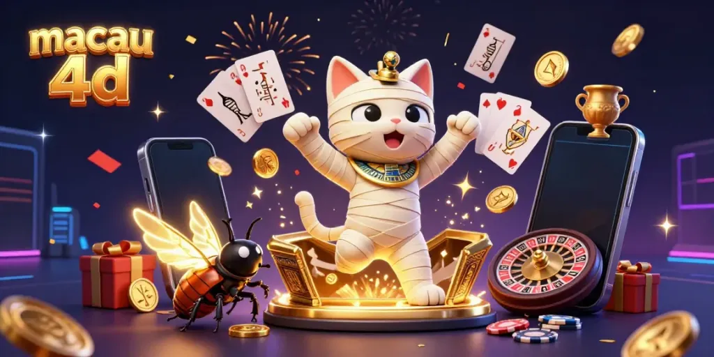 Experience macau 4d excitement with vibrant characters, golden coins, and thrilling slot graphics.