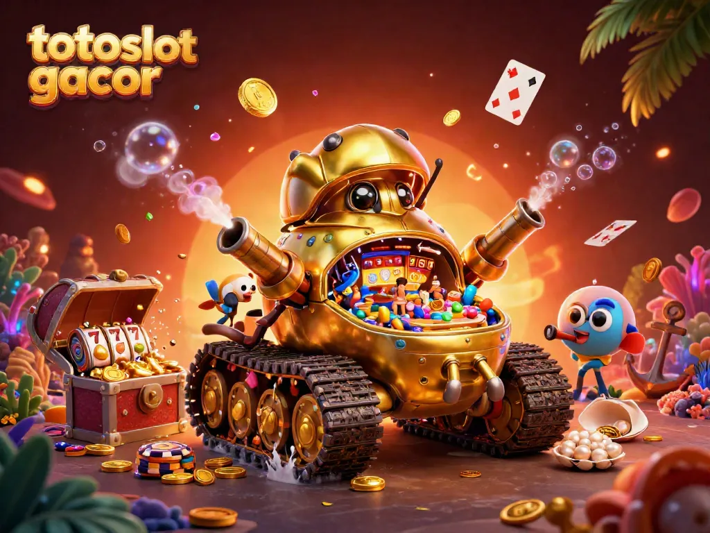 Bermain toto slot gacor di kasino mini yang dikelilingi harta karun dan simbol keberuntungan.