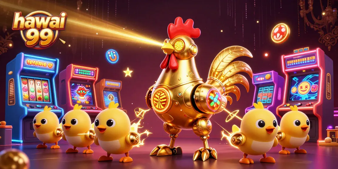 Experience the excitement of hawai 99 with vibrant casino games, featuring a golden rooster robot and chick drones.