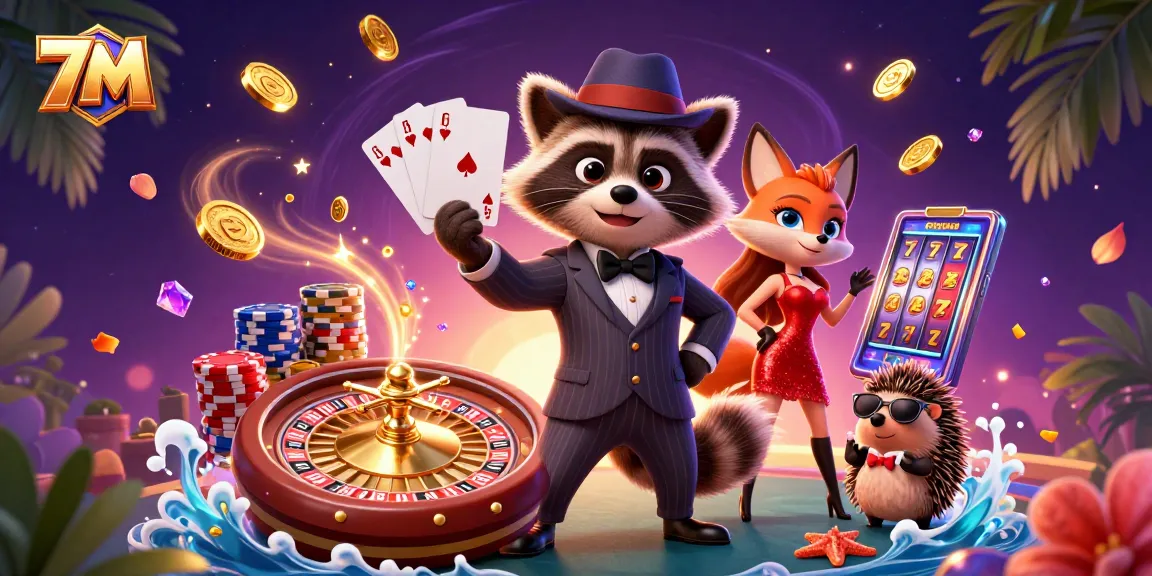 Experience thrilling gameplay at 7M with cartoon characters enjoying a dynamic casino scene.