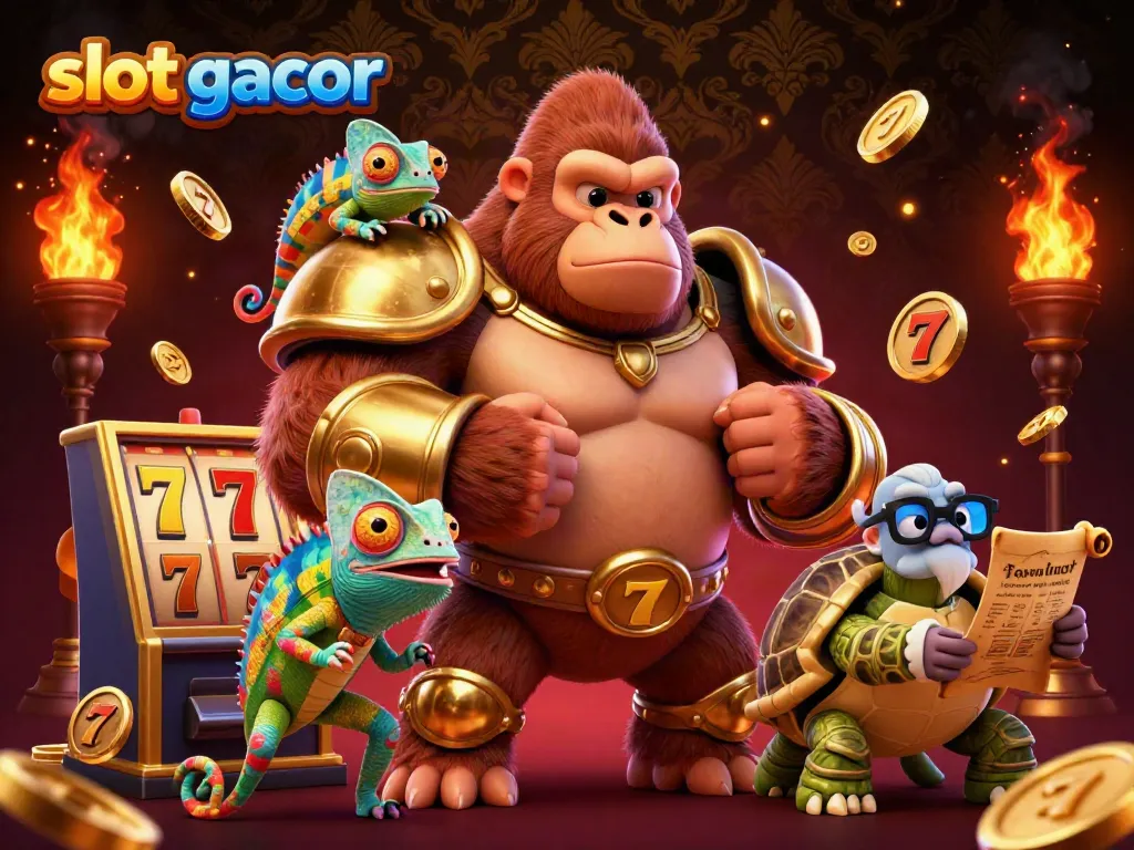 Experience the thrill of slot gacor with powerful characters and winning symbols in a vibrant casino scene.