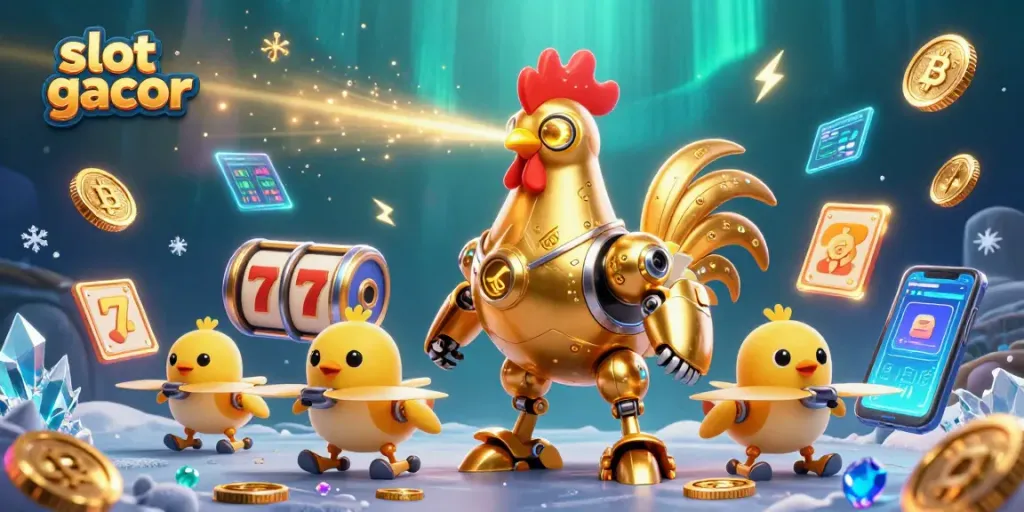 Slot gacor: Nikmati keseruan permainan slot dengan ilustrasi robot ayam emas futuristik dan simbol keberuntungan.
