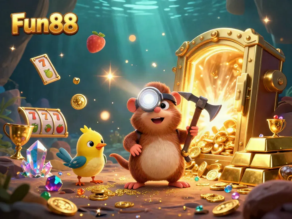 Engage with Fun88's thrilling world of vibrant slot games, featuring a cartoon treasure hunter exploring gems and gold.