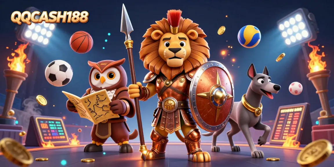 Engage in thrilling gameplay with QQCASH188 featuring a heroic Spartan lion and dynamic sports elements
