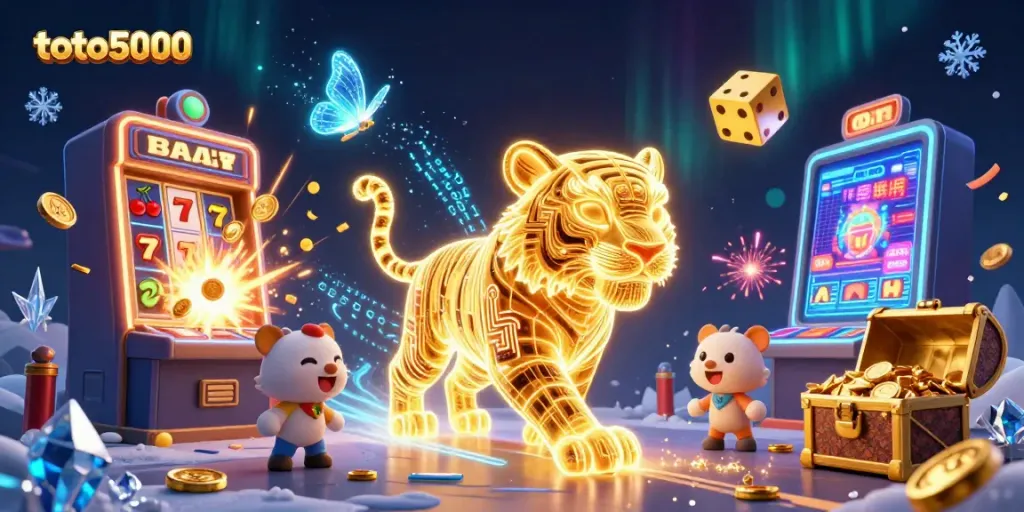 Experience thrills with toto5000 as a neon tiger prowls a dynamic casino landscape bursting with excitement.