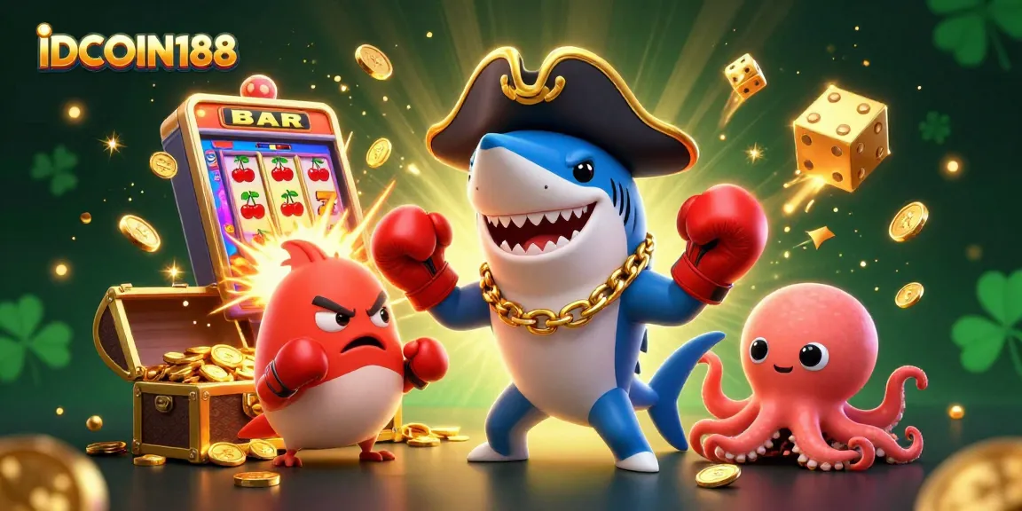 IDCOIN188 pirate shark and friends celebrate a casino jackpot amid coins and game elements in a vibrant 3D scene.