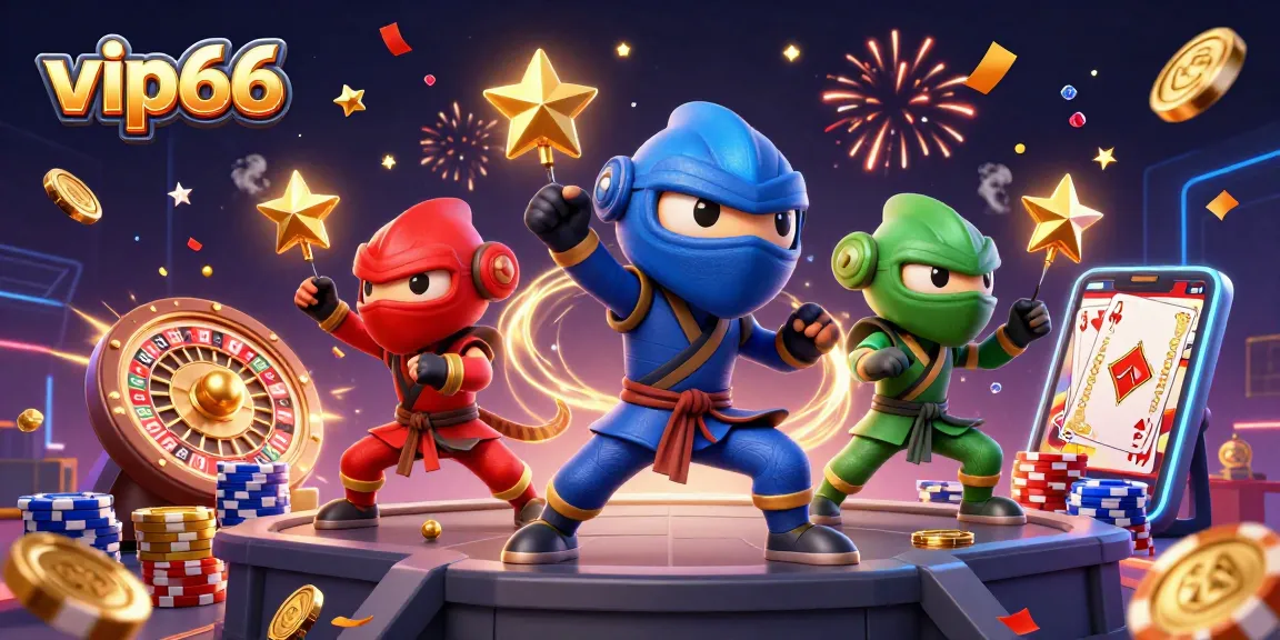 Engage with vip66's vibrant casino action, featuring dynamic ninja chameleons and flying chips.