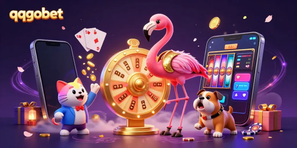 Experience excitement with qqgobet at this vibrant casino scene featuring characters and gaming elements.