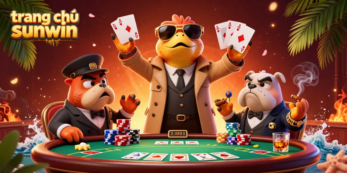 Play dynamic poker at trang chủ sunwin with raptors in a trench coat and vibrant casino atmosphere.