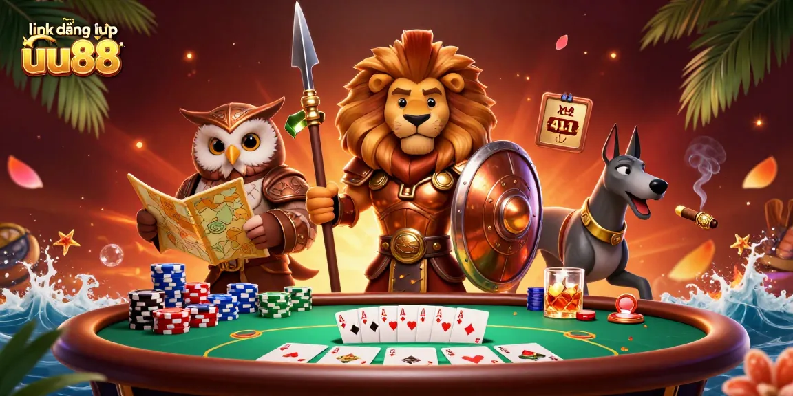 Engage with link đăng nhập uu88 at a vibrant online casino scene showcasing poker and triumphant characters.
