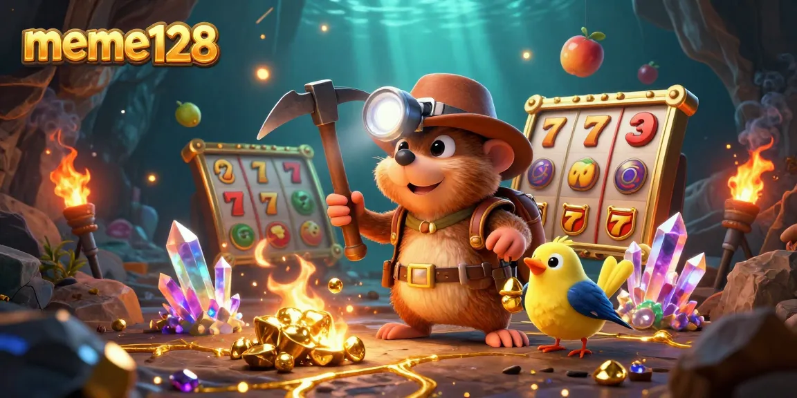 Engage with the exciting world of meme128 where a treasure hunter mines for jackpots amid vibrant slot reels.