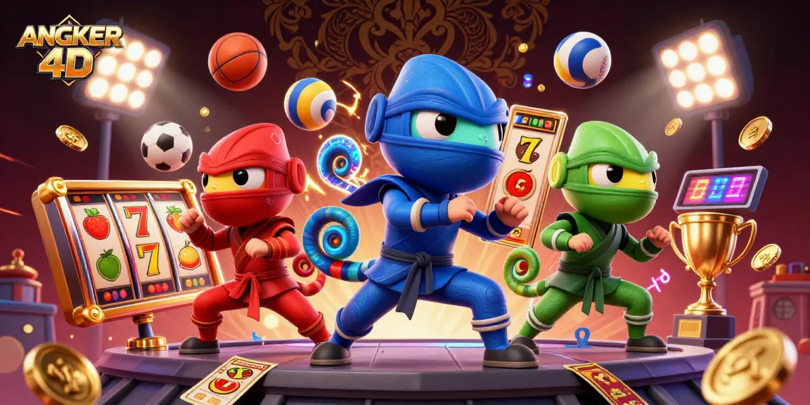 Engage with ANGKER 4D's stunning 3D illustration showcasing vibrant slot games and a thrilling atmosphere.