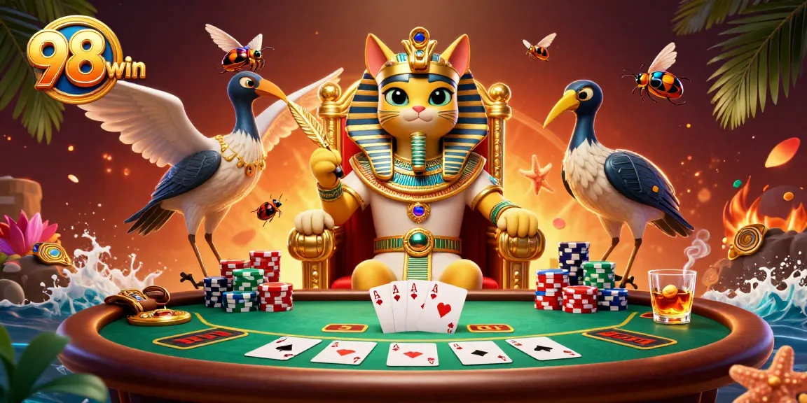 Engage in thrilling poker strategies with 98win as pharaoh cat guides players at a vibrant casino table.