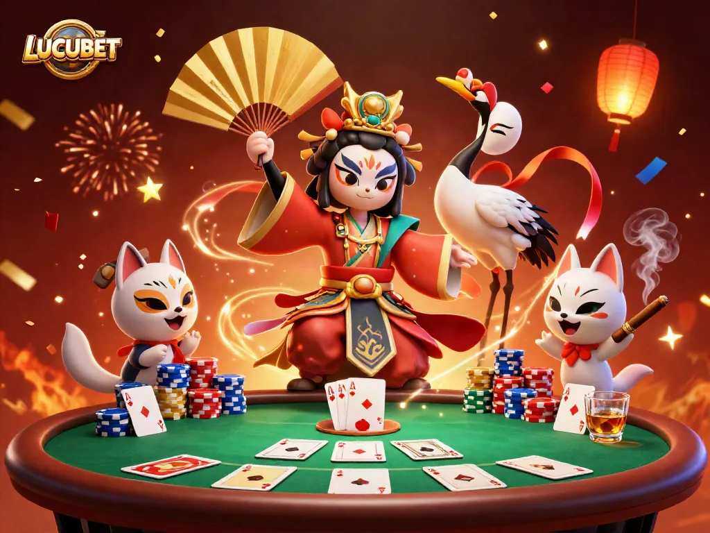 Experience LUCUBET's vibrant casino atmosphere with a kabuki warrior, poker elements, and festive fireworks.